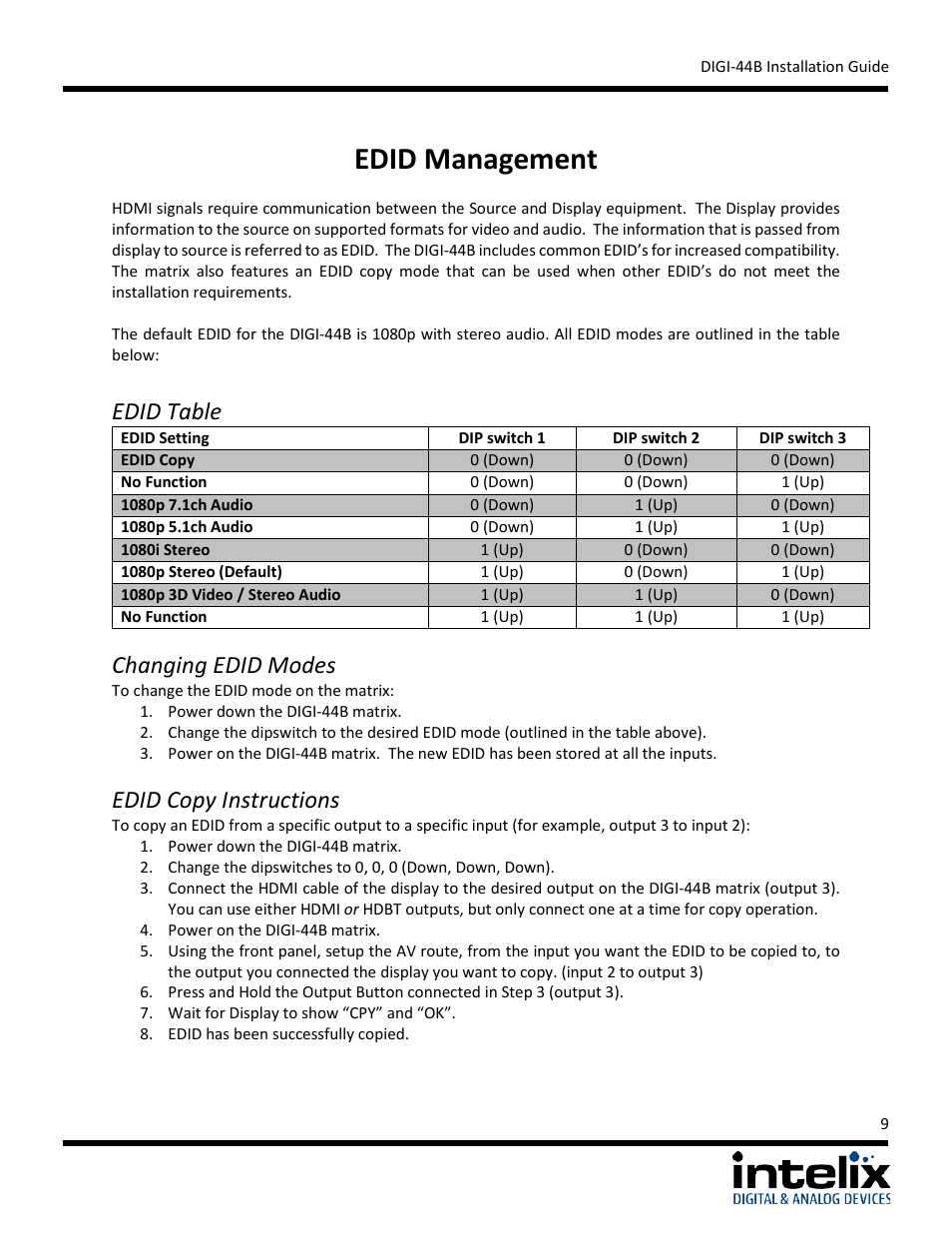 Edid management, Edid table, Changing edid modes | Edid copy instructions | Intelix DIGI-44B User Manual | Page 9 / 28