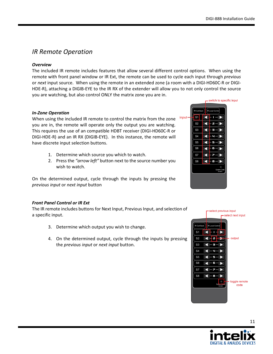 Ir remote operation | Intelix DIGI-88B User Manual | Page 11 / 32