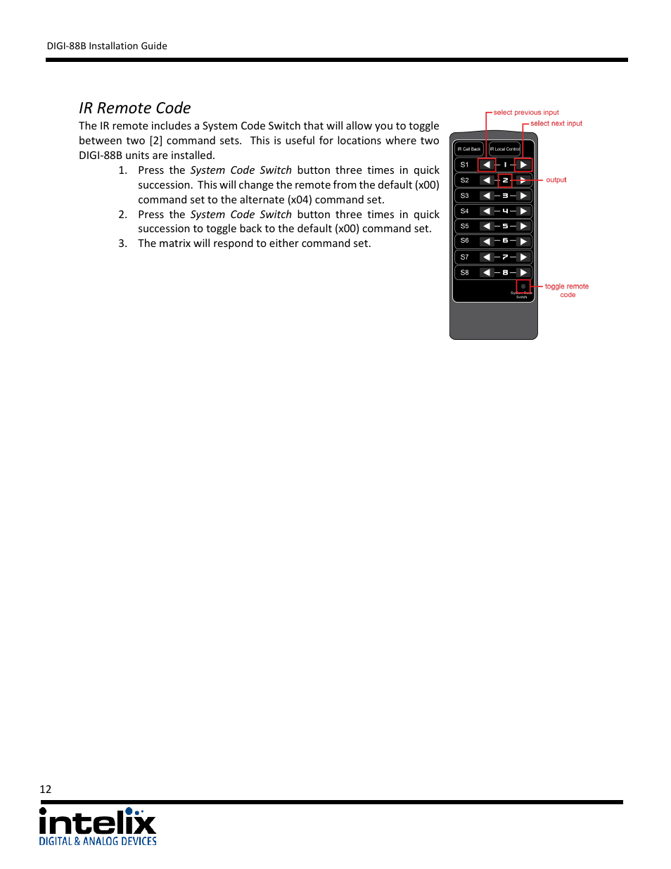 Ir remote code | Intelix DIGI-88B User Manual | Page 12 / 32