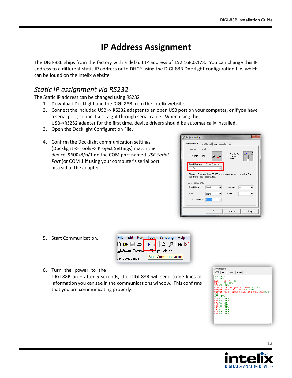 Ip address assignment, Static ip assignment via rs232 | Intelix DIGI-88B User Manual | Page 13 / 32