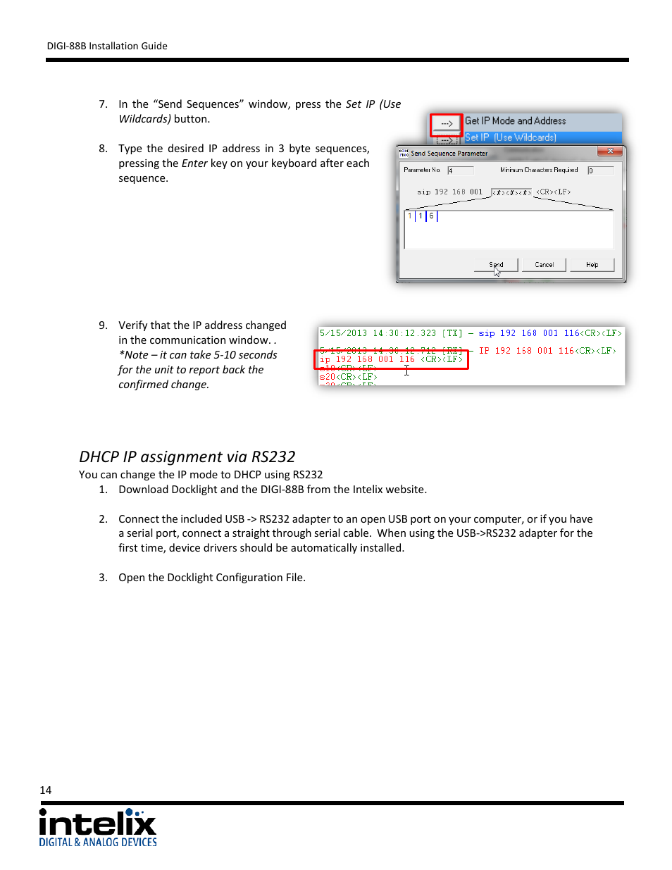 Dhcp ip assignment via rs232 | Intelix DIGI-88B User Manual | Page 14 / 32
