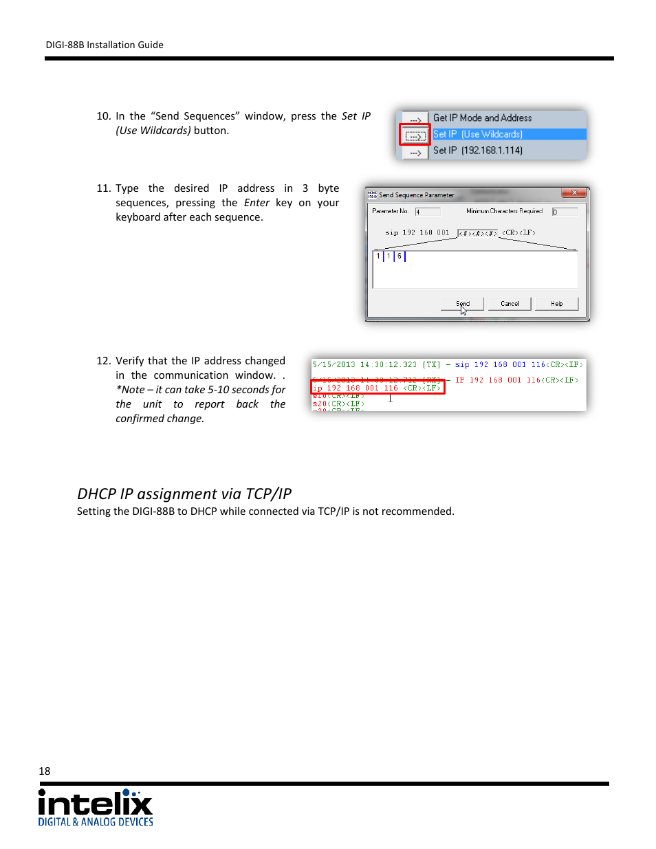 Dhcp ip assignment via tcp/ip | Intelix DIGI-88B User Manual | Page 18 / 32