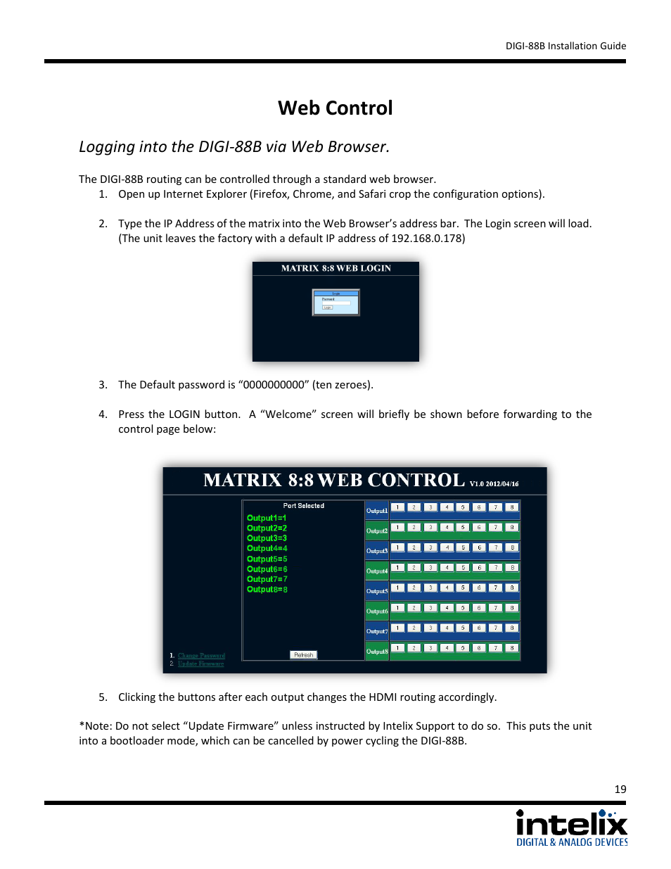 Web control, Logging into the digi-88b via web browser | Intelix DIGI-88B User Manual | Page 19 / 32