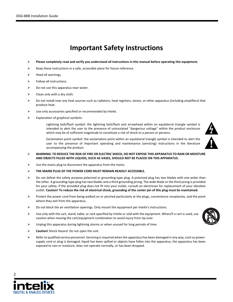 Important safety instructions | Intelix DIGI-88B User Manual | Page 2 / 32