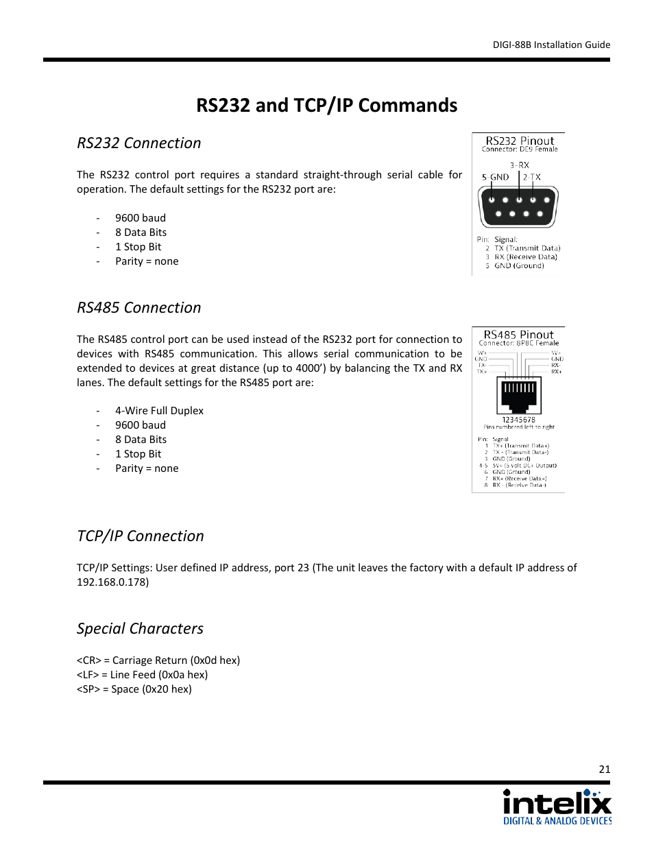 Rs232 and tcp/ip commands, Rs232 connection, Rs485 connection | Tcp/ip connection, Special characters | Intelix DIGI-88B User Manual | Page 21 / 32