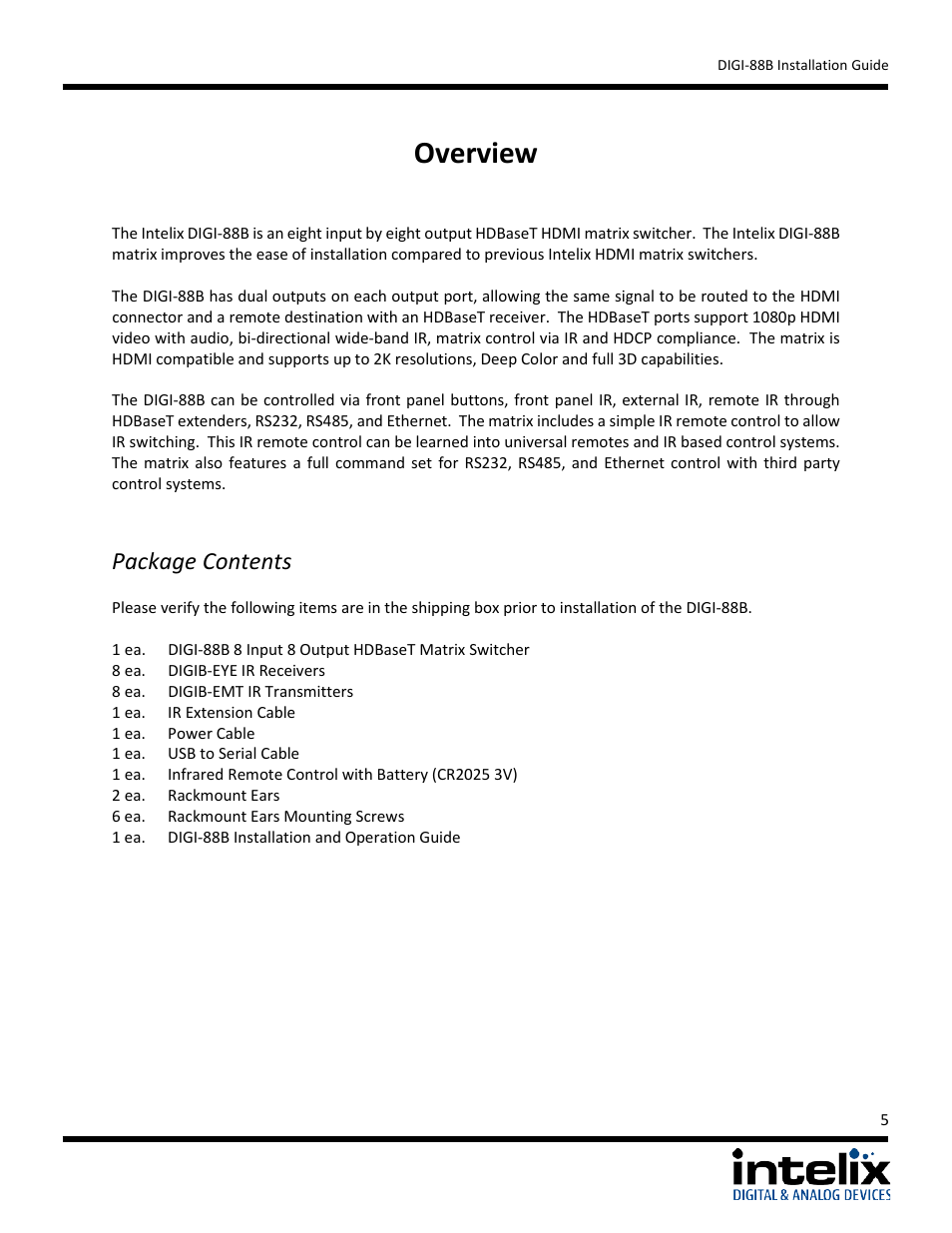 Overview, Package contents | Intelix DIGI-88B User Manual | Page 5 / 32