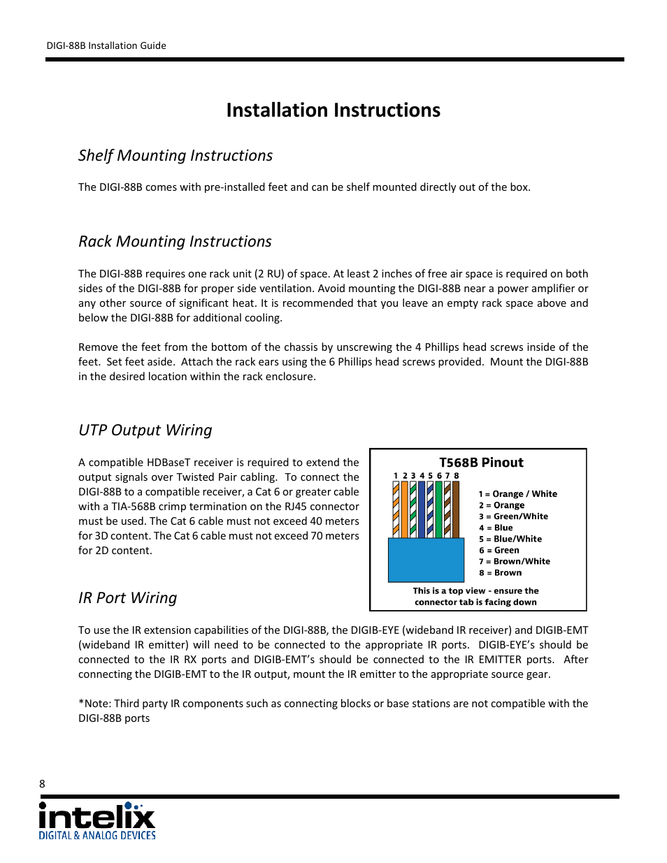Installation instructions, Shelf mounting instructions, Rack mounting instructions | Utp output wiring, Ir port wiring, Edid management | Intelix DIGI-88B User Manual | Page 8 / 32