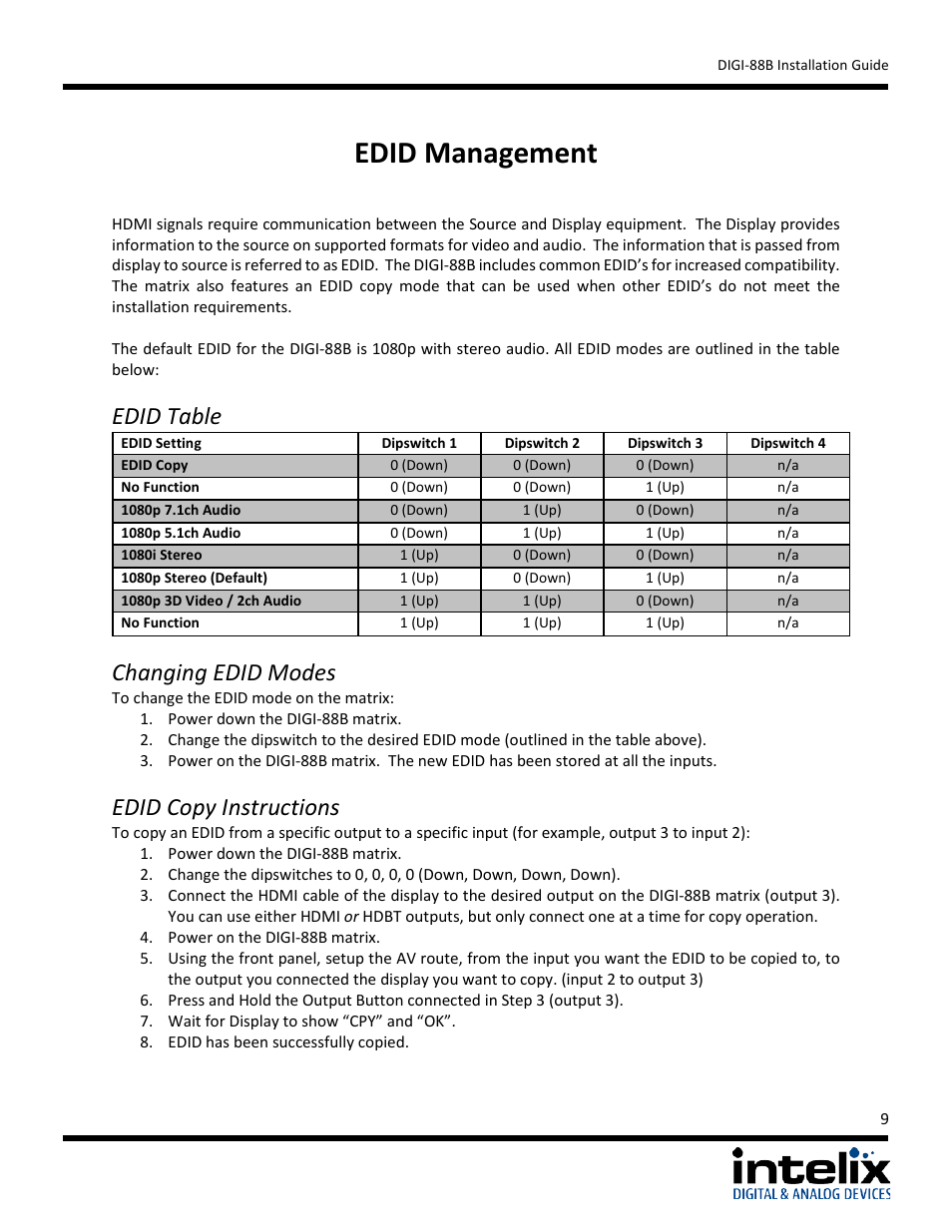 Edid management, Edid table, Changing edid modes | Edid copy instructions | Intelix DIGI-88B User Manual | Page 9 / 32