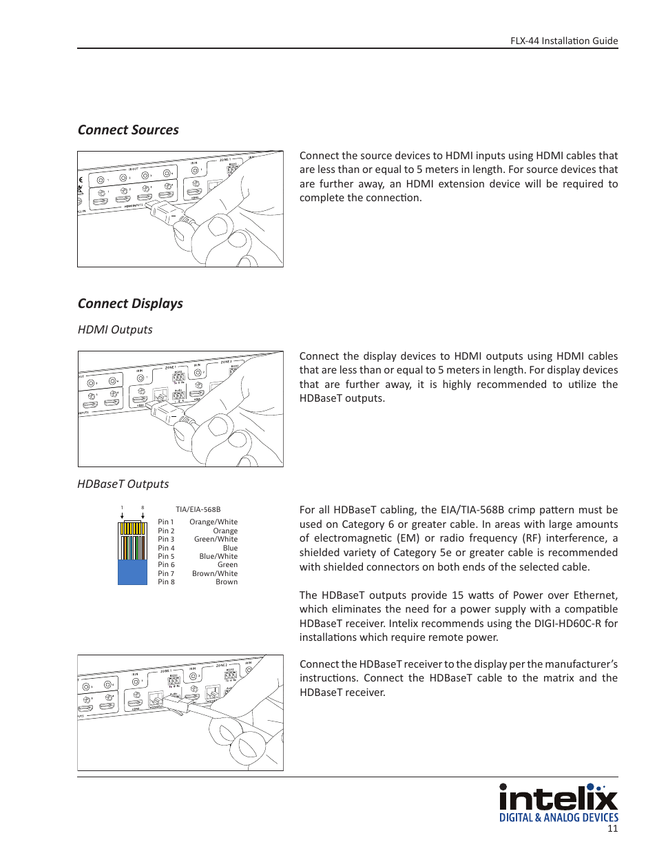 Connect sources connect displays, Hdmi outputs hdbaset outputs | Intelix FLX-44 User Manual | Page 11 / 32