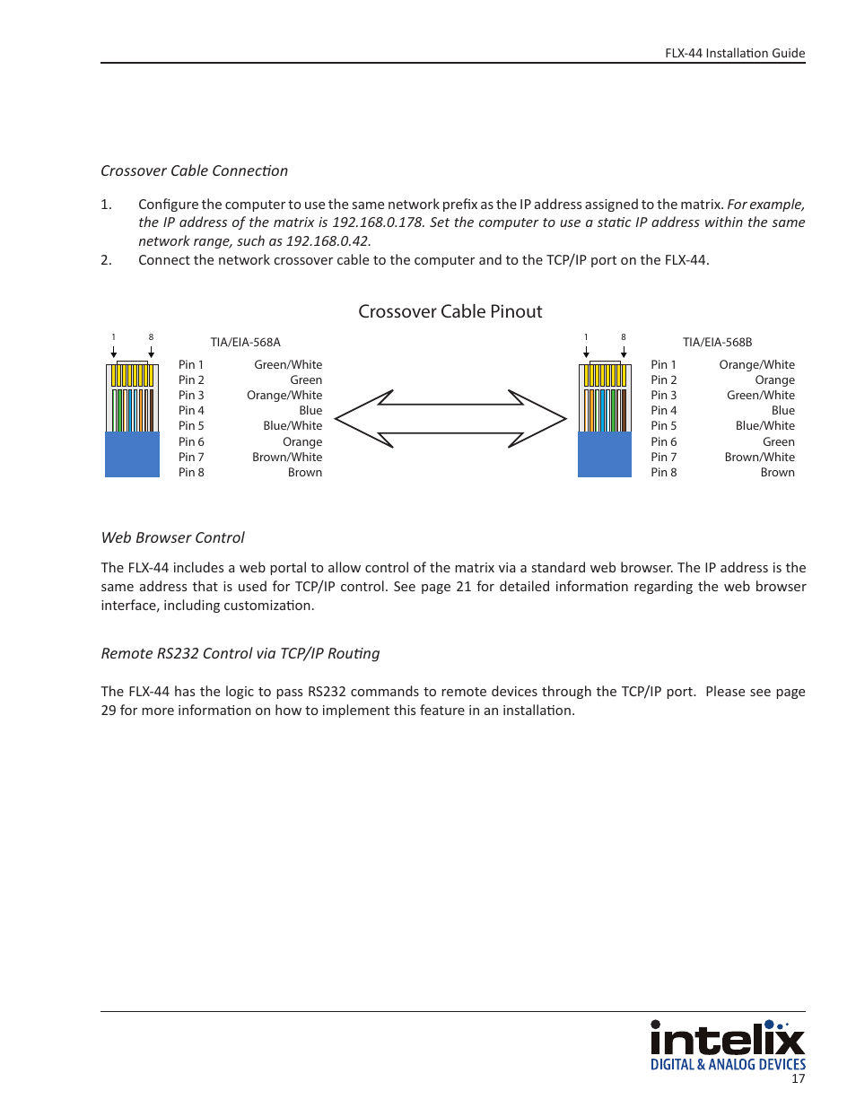 Crossover cable pinout | Intelix FLX-44 User Manual | Page 17 / 32