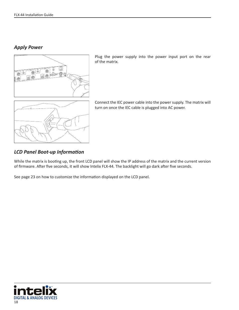 Apply power, Lcd panel boot-up information | Intelix FLX-44 User Manual | Page 18 / 32
