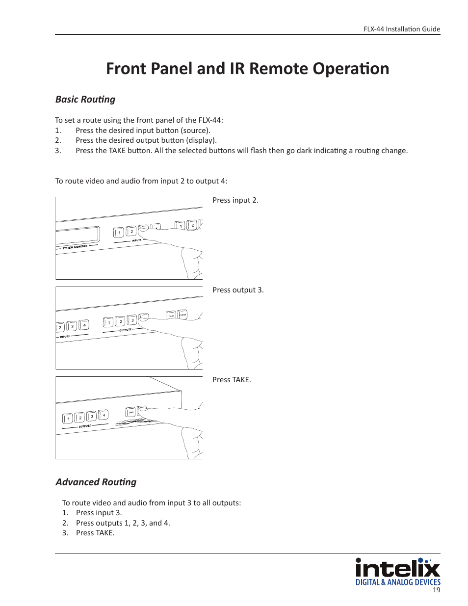 Front panel and ir remote operation | Intelix FLX-44 User Manual | Page 19 / 32