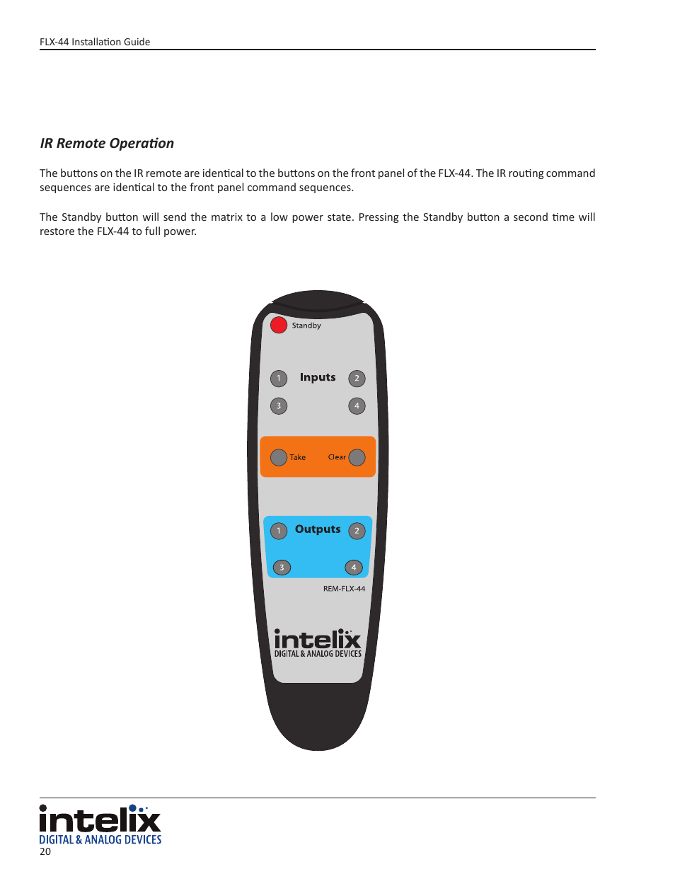 Ir remote operation | Intelix FLX-44 User Manual | Page 20 / 32