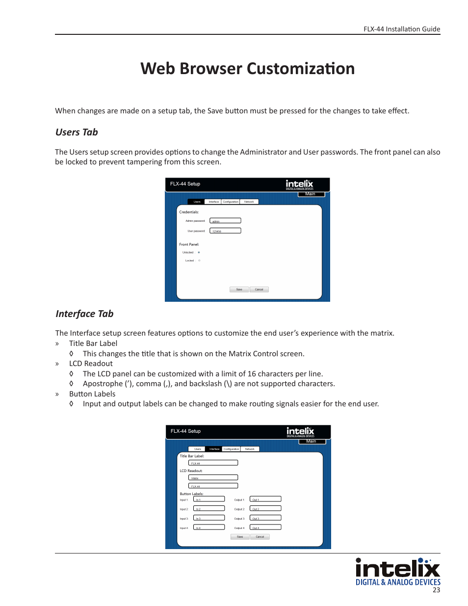 Web browser customization | Intelix FLX-44 User Manual | Page 23 / 32