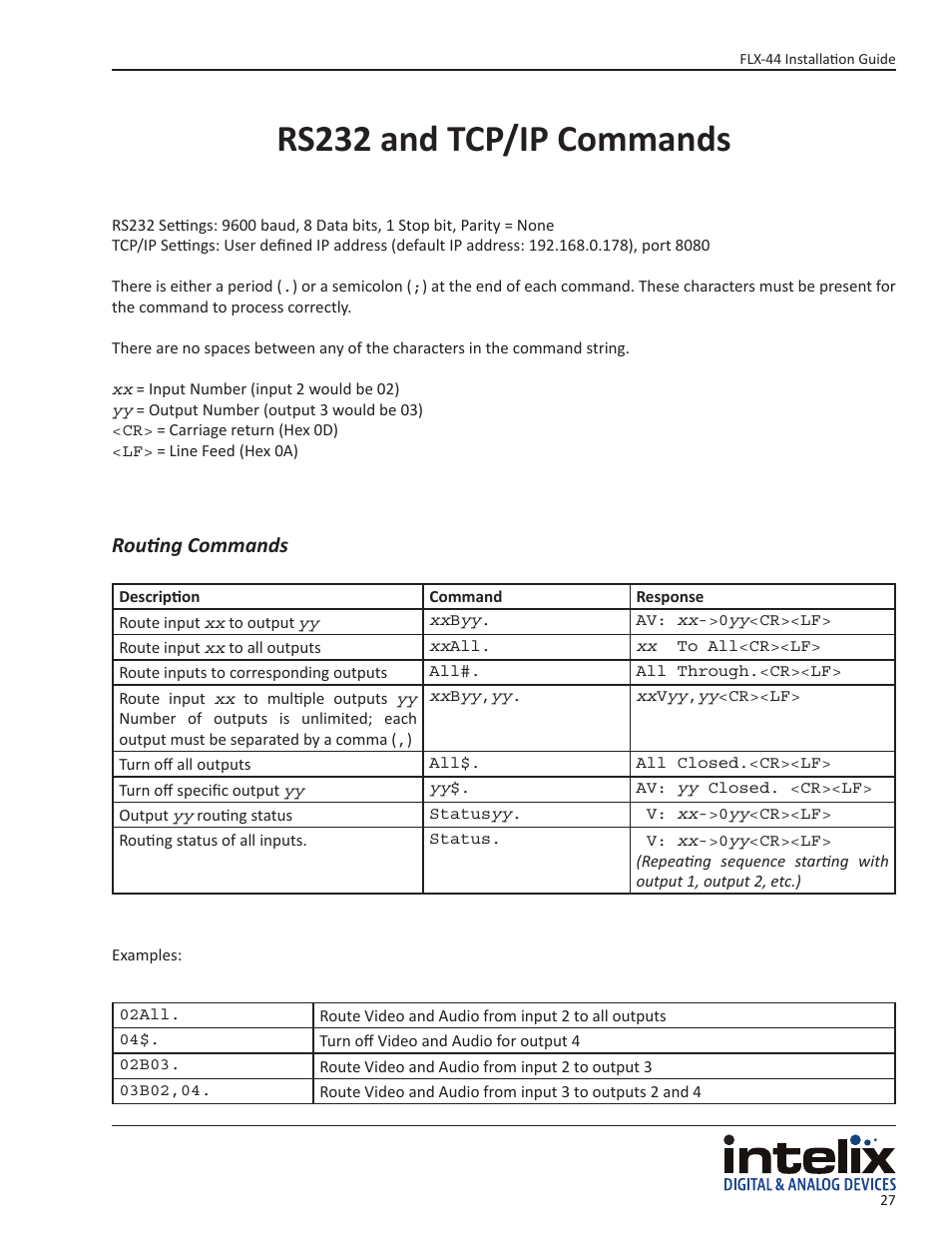 Rs232 and tcp/ip commands, Routing commands | Intelix FLX-44 User Manual | Page 27 / 32