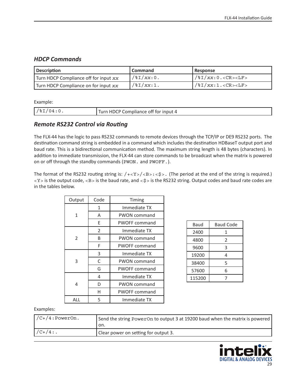 Hdcp commands, Remote rs232 control via routing | Intelix FLX-44 User Manual | Page 29 / 32