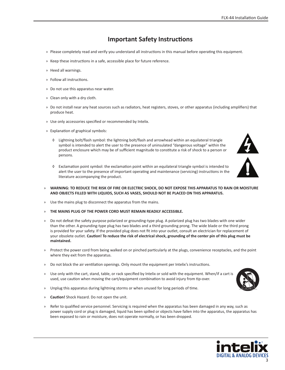 Important safety instructions | Intelix FLX-44 User Manual | Page 3 / 32