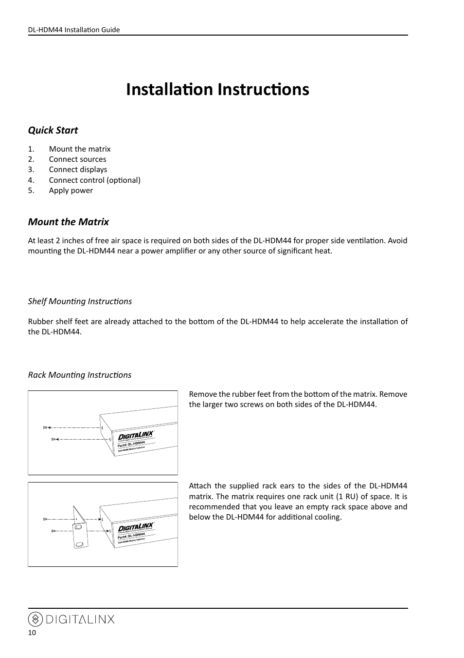 Installation instructions, Quick start, Mount the matrix | Shelf mounting instructions, Rack mounting instructions, Quick start mount the matrix | Intelix DL-HDM44 User Manual | Page 10 / 24