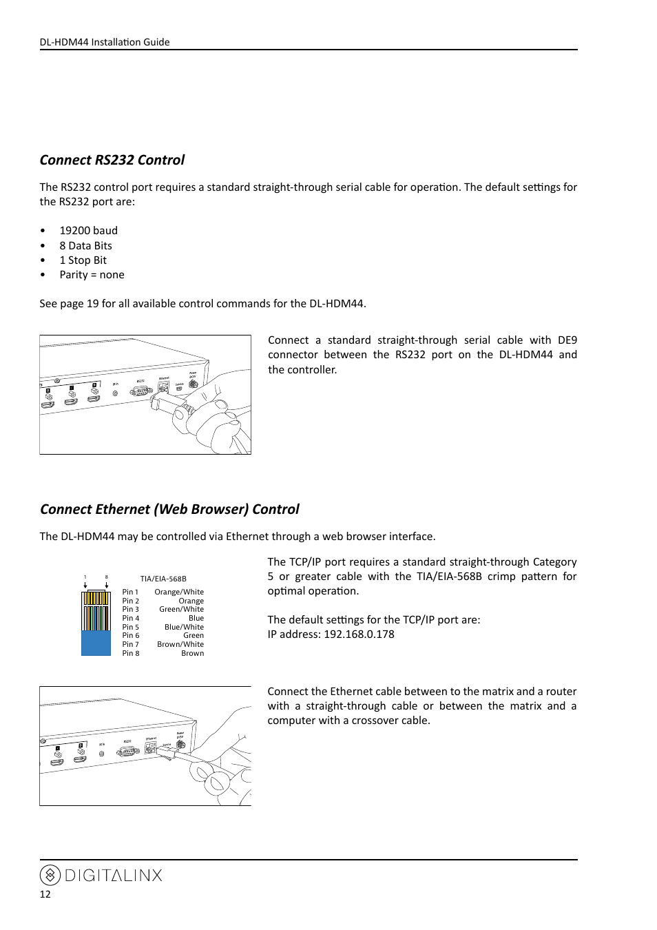 Connect rs232 control, Connect tcp/ip (ethernet) control, Connect ethernet (web browser) control | Intelix DL-HDM44 User Manual | Page 12 / 24