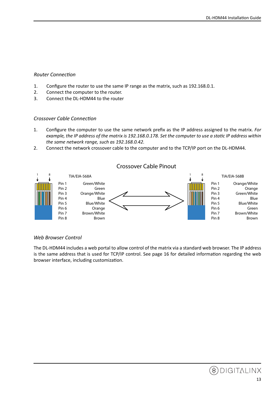 Router connection, Crossover cable connection, Web browser control | Crossover cable pinout | Intelix DL-HDM44 User Manual | Page 13 / 24
