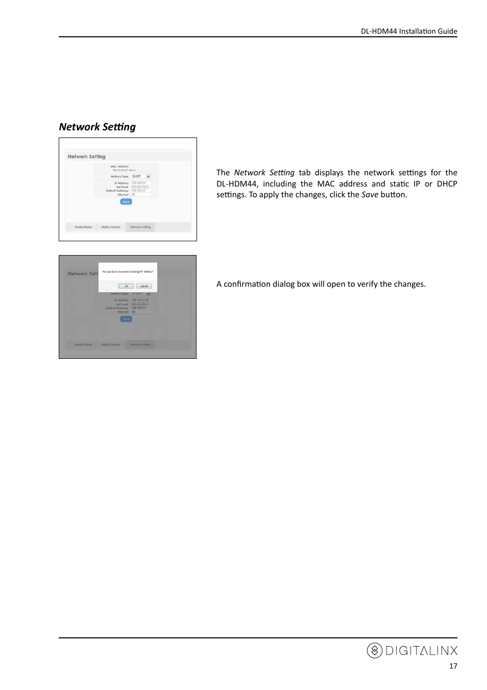 Network setting | Intelix DL-HDM44 User Manual | Page 17 / 24