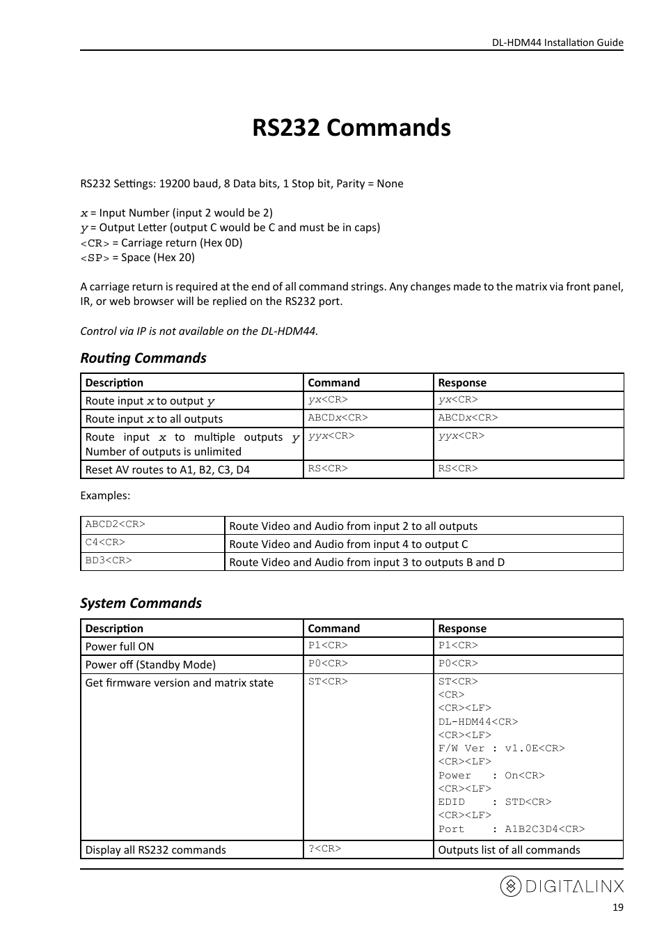Rs232 commands, Routing commands, System commands | Intelix DL-HDM44 User Manual | Page 19 / 24