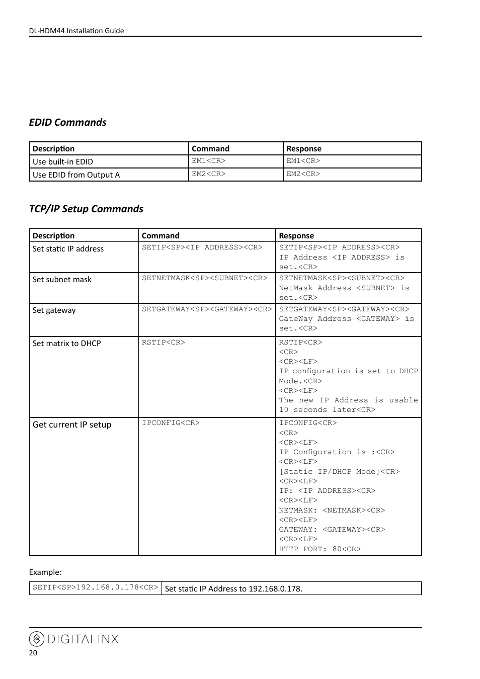 Edid commands, Tcp/ip setup commands | Intelix DL-HDM44 User Manual | Page 20 / 24