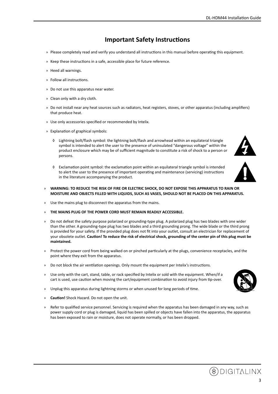 Important safety instructions | Intelix DL-HDM44 User Manual | Page 3 / 24