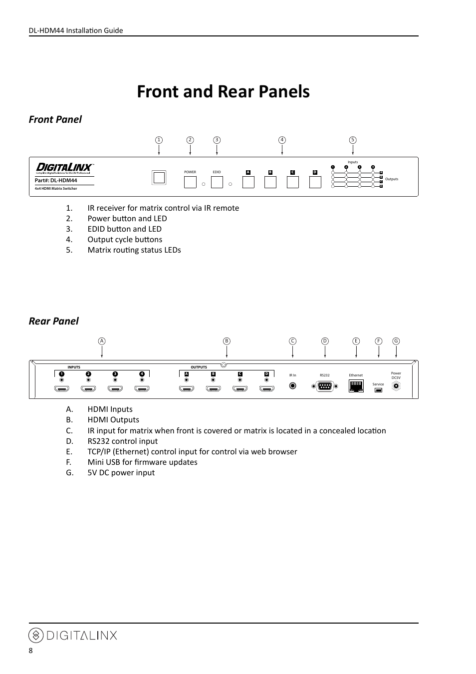 Front and rear panels, Front panel, Rear panel | Front panel rear panel, Dl-hdm44 installation guide 8 | Intelix DL-HDM44 User Manual | Page 8 / 24