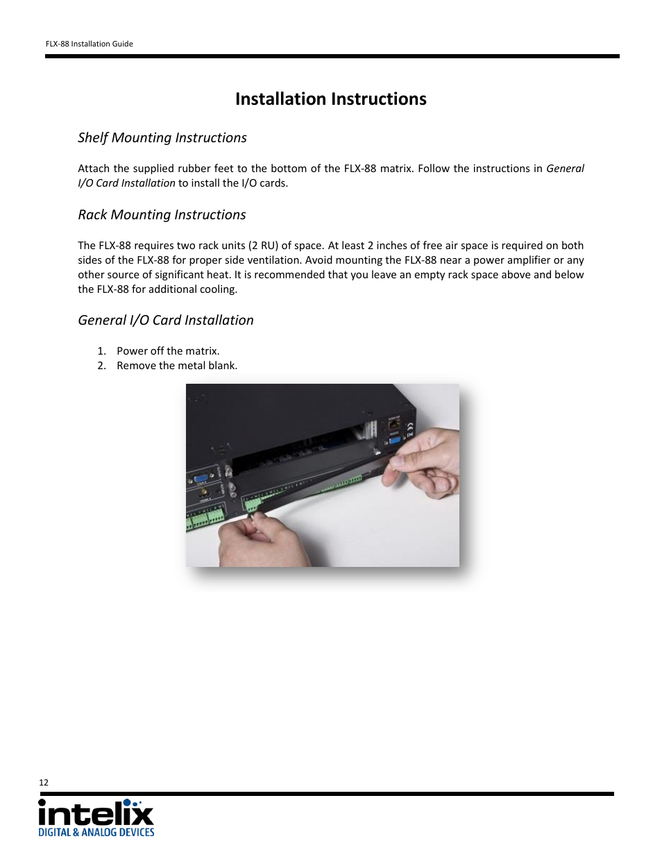 Installation instructions, Shelf mounting instructions, Rack mounting instructions | General i/o card installation | Intelix FLX-88 v1.6.4 User Manual | Page 12 / 36