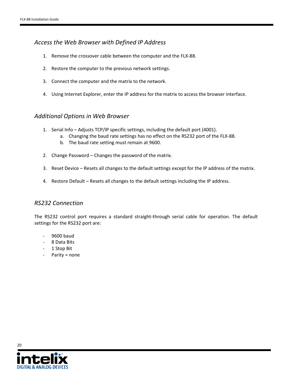 Access the web browser with defined ip address, Additional options in web browser, Rs232 connection | Intelix FLX-88 v1.6.4 User Manual | Page 20 / 36