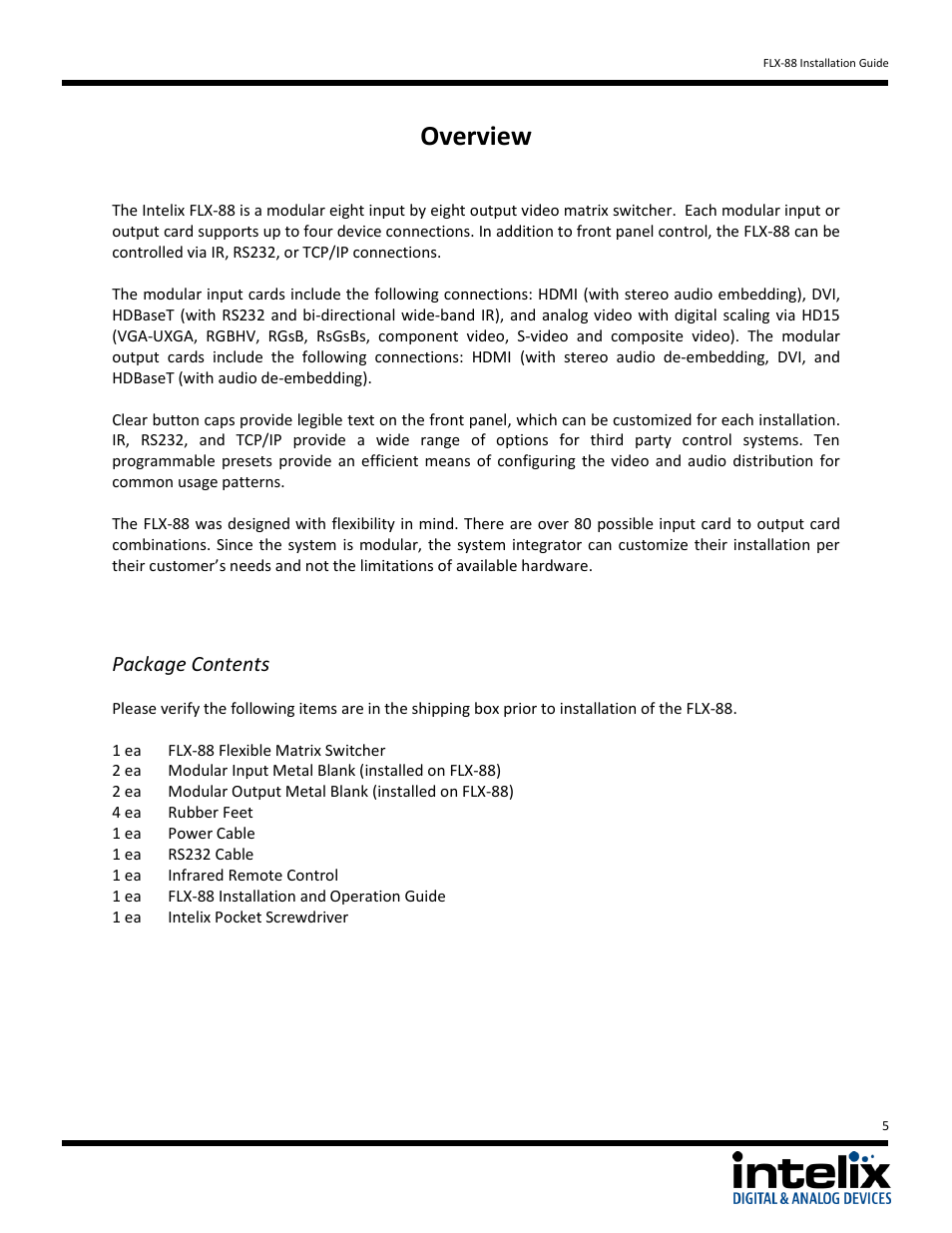 Overview, Package contents | Intelix FLX-88 v1.6.4 User Manual | Page 5 / 36