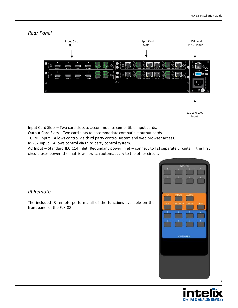 Rear panel, Ir remote | Intelix FLX-88 v1.6.4 User Manual | Page 7 / 36
