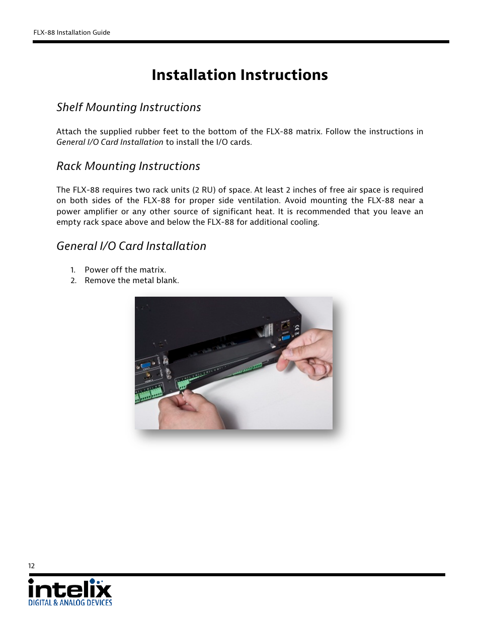 Installation instructions, Shelf mounting instructions, Rack mounting instructions | General i/o card installation | Intelix FLX-88 User Manual | Page 12 / 36