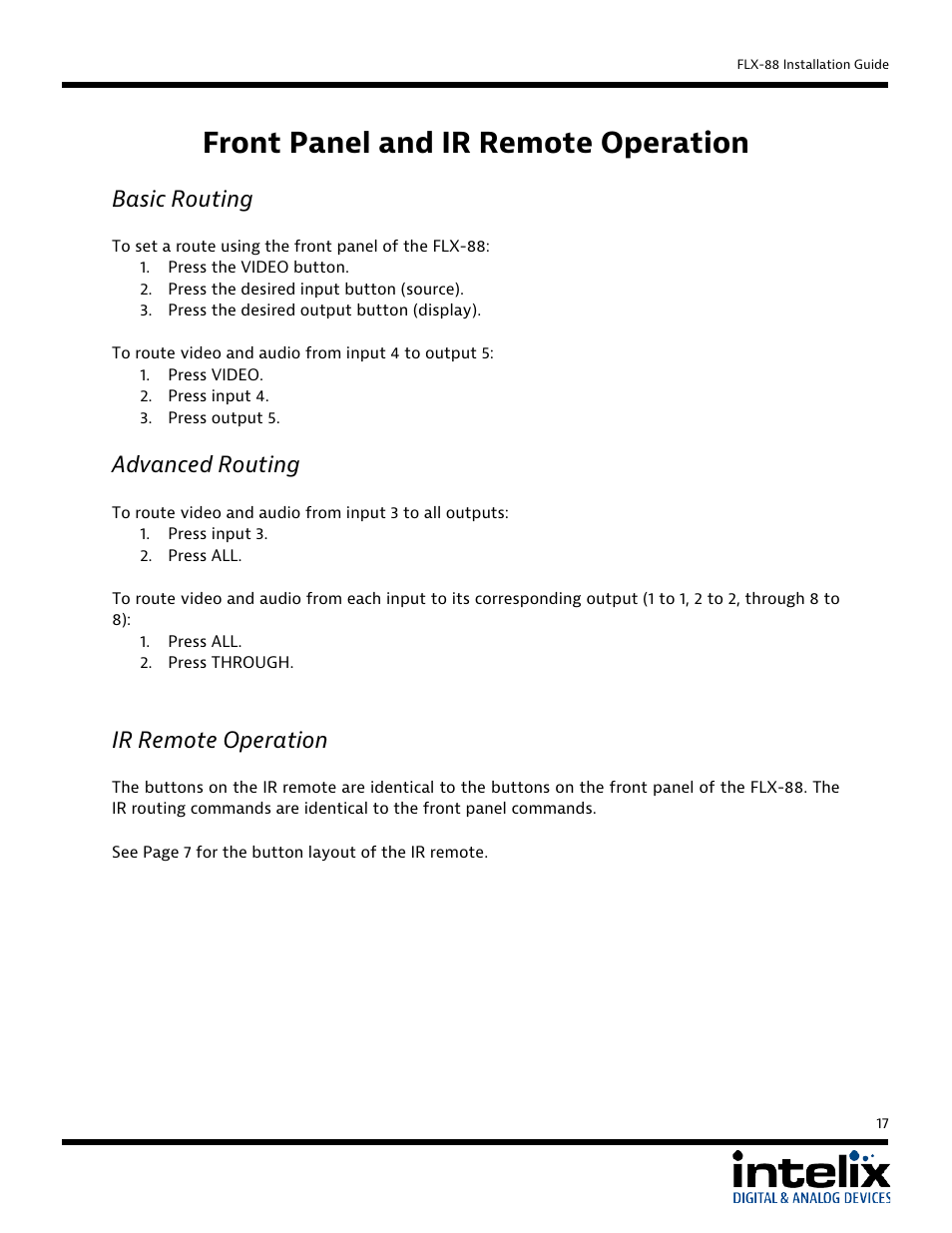 Front panel and ir remote operation, Basic routing, Advanced routing | Ir remote operation | Intelix FLX-88 User Manual | Page 17 / 36