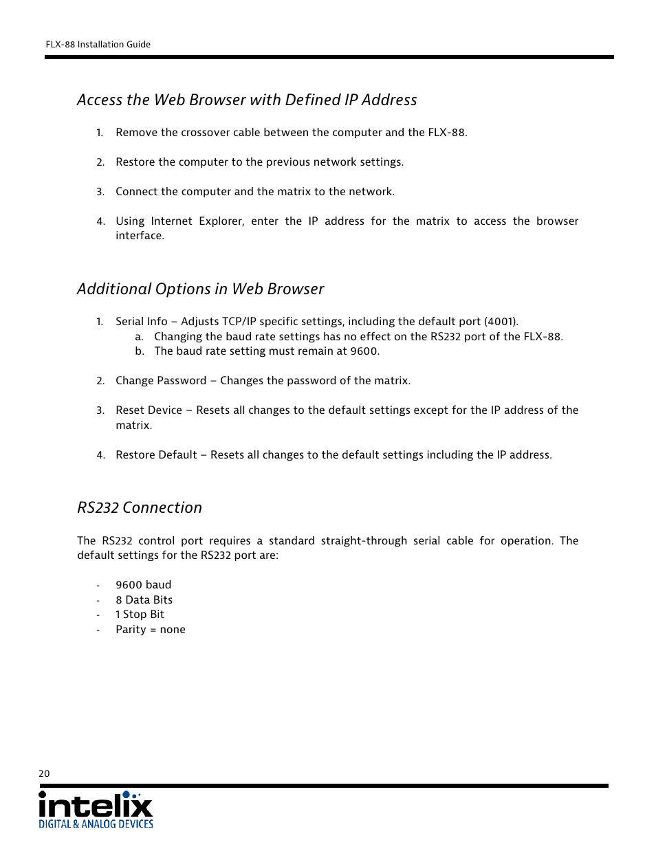 Access the web browser with defined ip address, Additional options in web browser, Rs232 connection | Intelix FLX-88 User Manual | Page 20 / 36