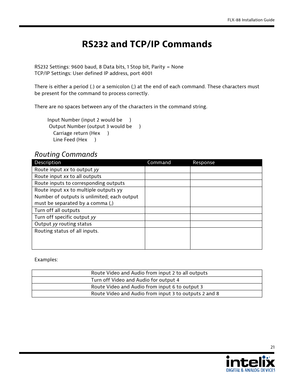 Rs232 and tcp/ip commands, Routing commands | Intelix FLX-88 User Manual | Page 21 / 36