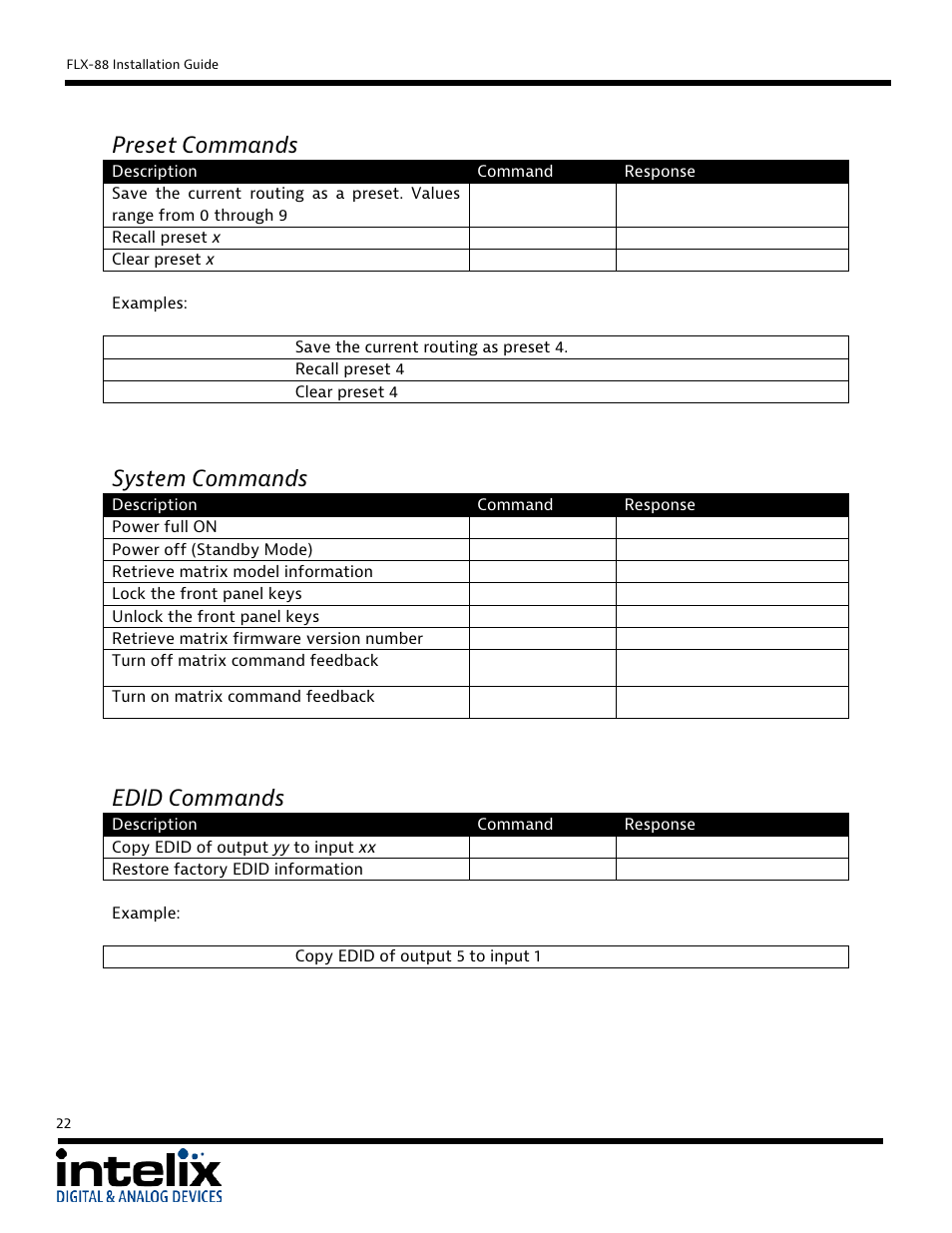 Preset commands, System commands, Edid commands | Intelix FLX-88 User Manual | Page 22 / 36