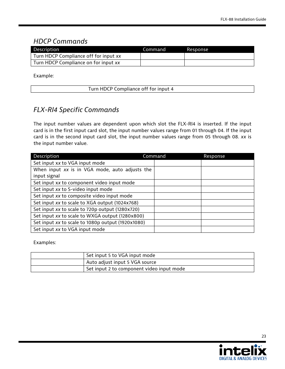 Hdcp commands, Flx-ri4 specific commands | Intelix FLX-88 User Manual | Page 23 / 36