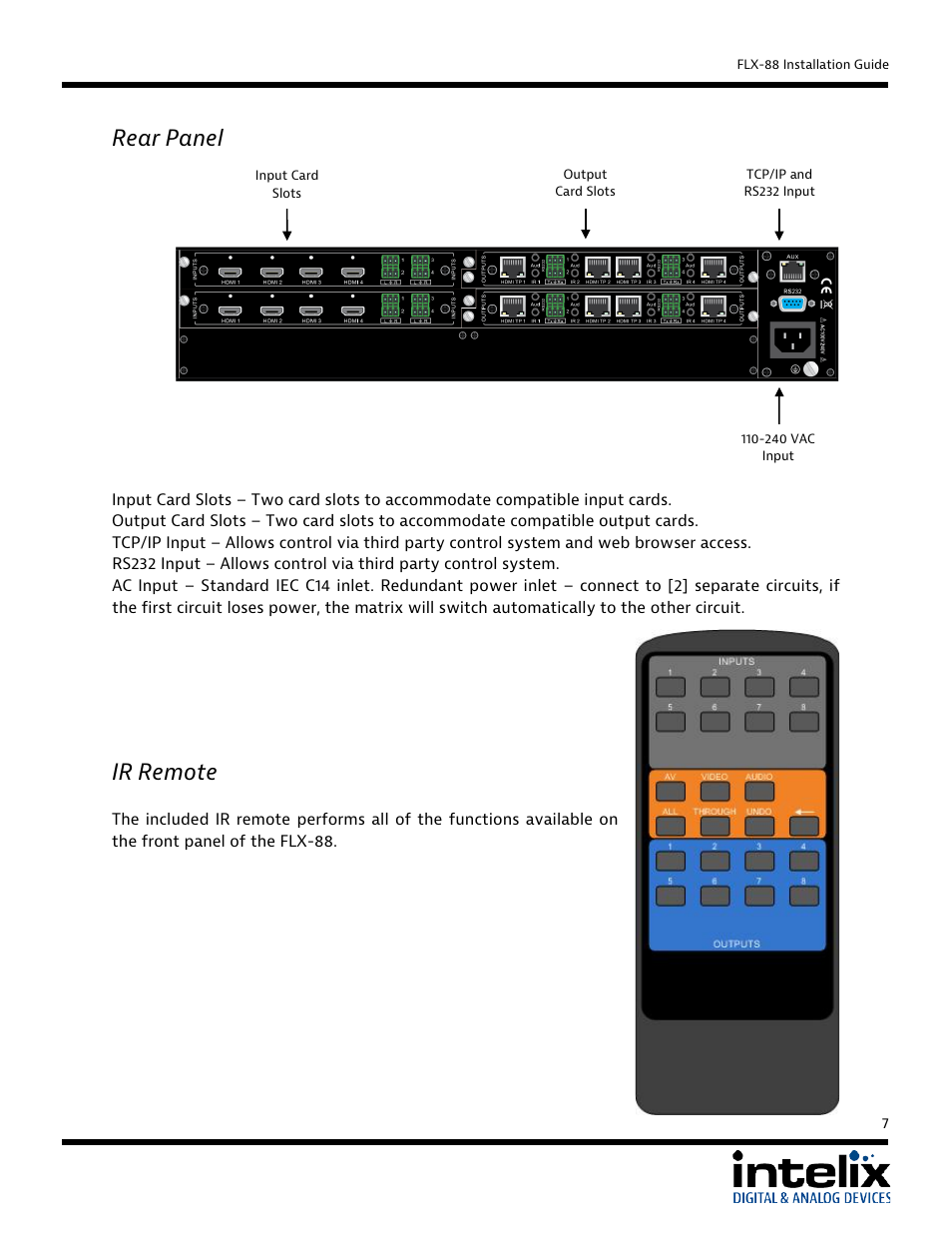 Rear panel, Ir remote | Intelix FLX-88 User Manual | Page 7 / 36