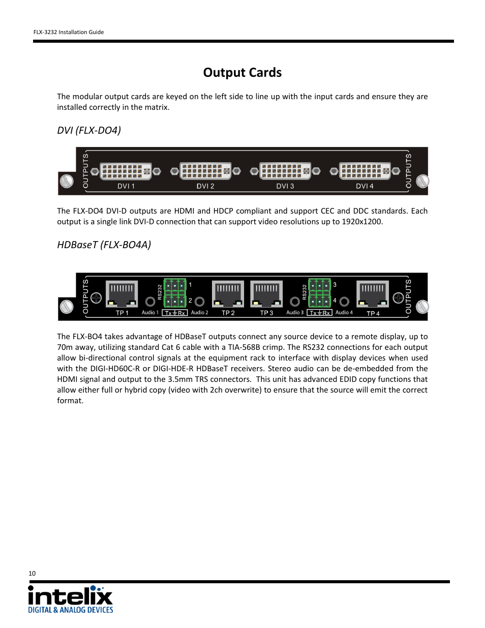 Output cards, Dvi (flx-do4), Hdbaset (flx-bo4a) | Intelix FLX-3232 v1.6.4 User Manual | Page 10 / 36