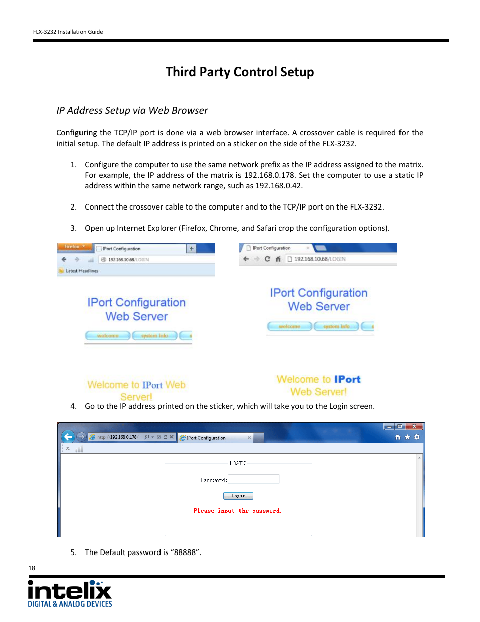 Third party control setup, Ip address setup via web browser | Intelix FLX-3232 v1.6.4 User Manual | Page 18 / 36