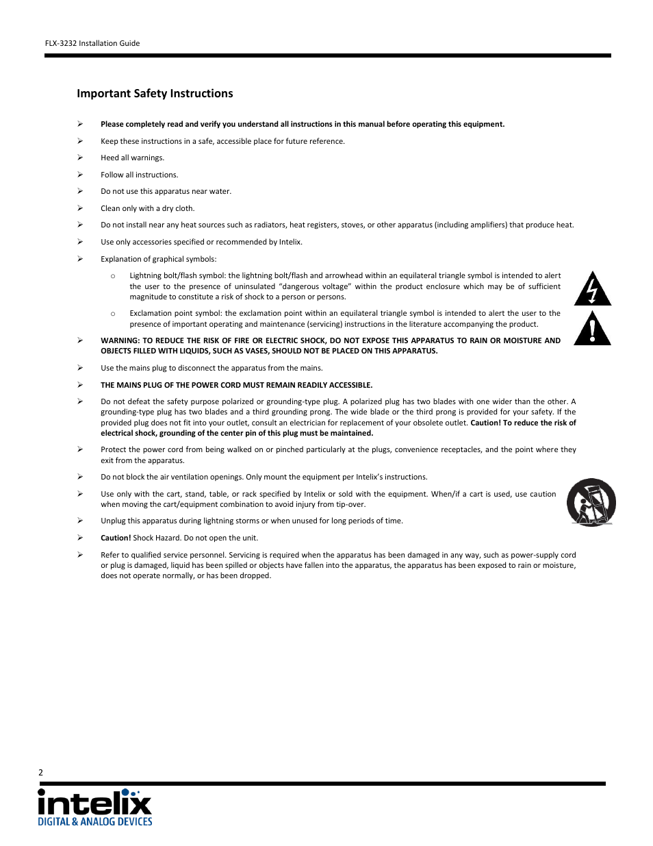 Important safety instructions | Intelix FLX-3232 v1.6.4 User Manual | Page 2 / 36