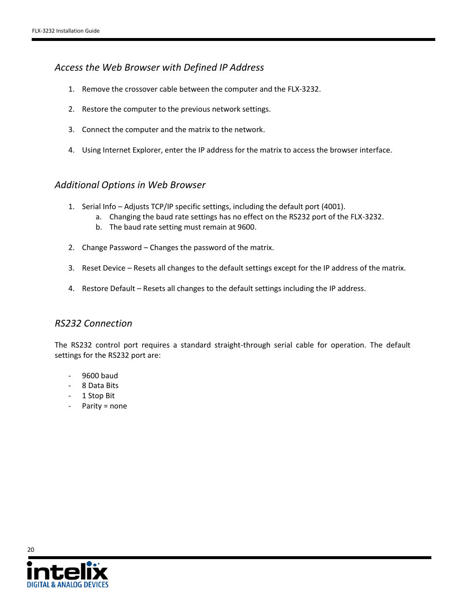 Access the web browser with defined ip address, Additional options in web browser, Rs232 connection | Intelix FLX-3232 v1.6.4 User Manual | Page 20 / 36