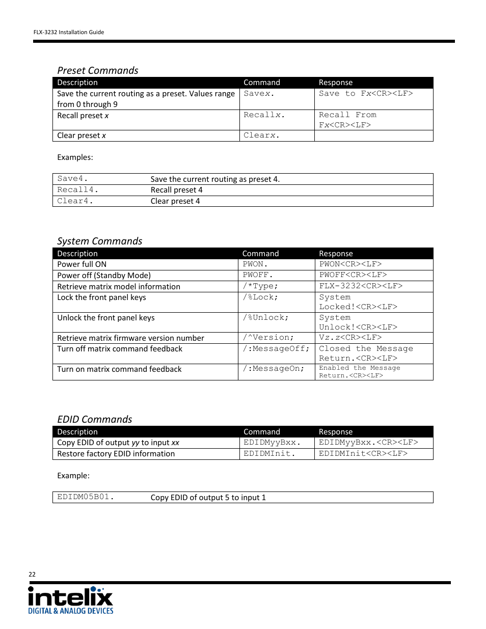 Preset commands, System commands, Edid commands | Intelix FLX-3232 v1.6.4 User Manual | Page 22 / 36