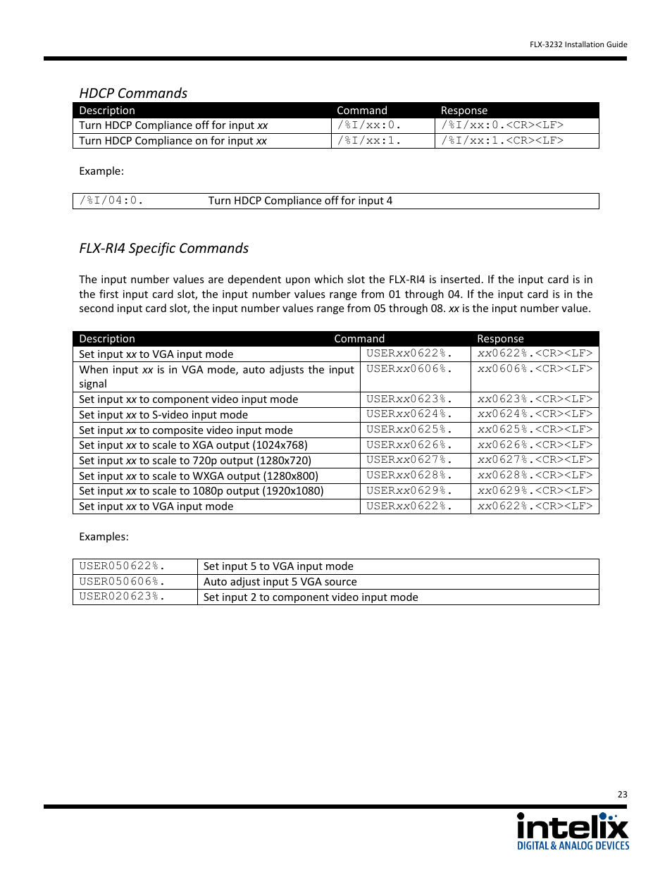 Hdcp commands, Flx-ri4 specific commands | Intelix FLX-3232 v1.6.4 User Manual | Page 23 / 36