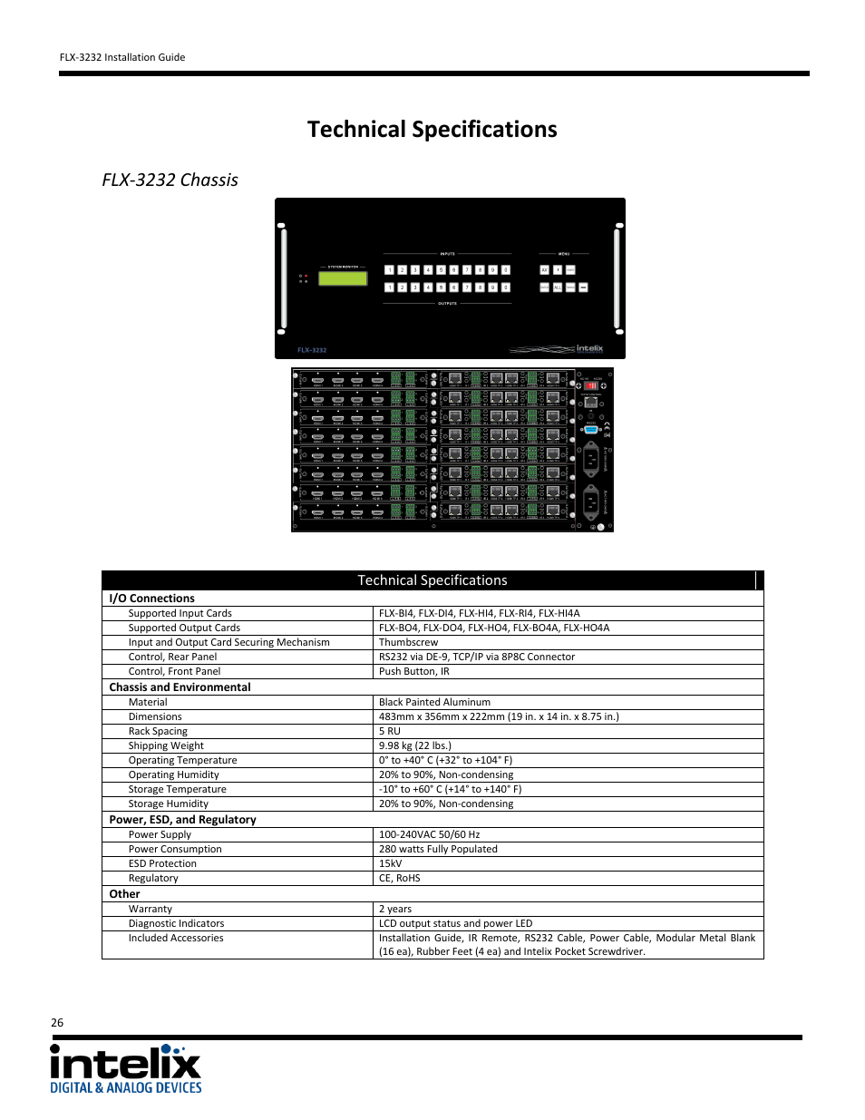 Technical specifications, Flx-3232 chassis | Intelix FLX-3232 v1.6.4 User Manual | Page 26 / 36