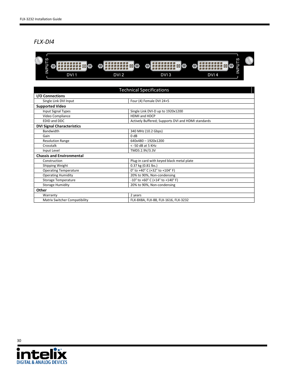 Flx-di4, Technical specifications | Intelix FLX-3232 v1.6.4 User Manual | Page 30 / 36