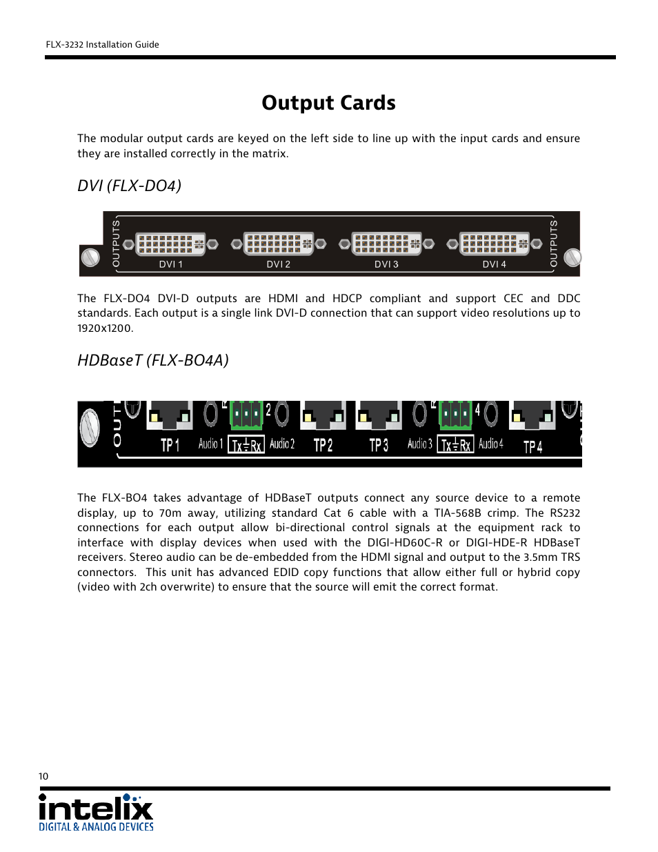 Output cards, Dvi (flx-do4), Hdbaset (flx-bo4a) | Intelix FLX-3232 User Manual | Page 10 / 36