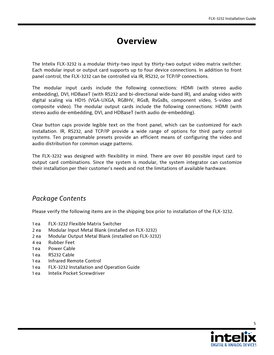 Overview, Package contents | Intelix FLX-3232 User Manual | Page 5 / 36